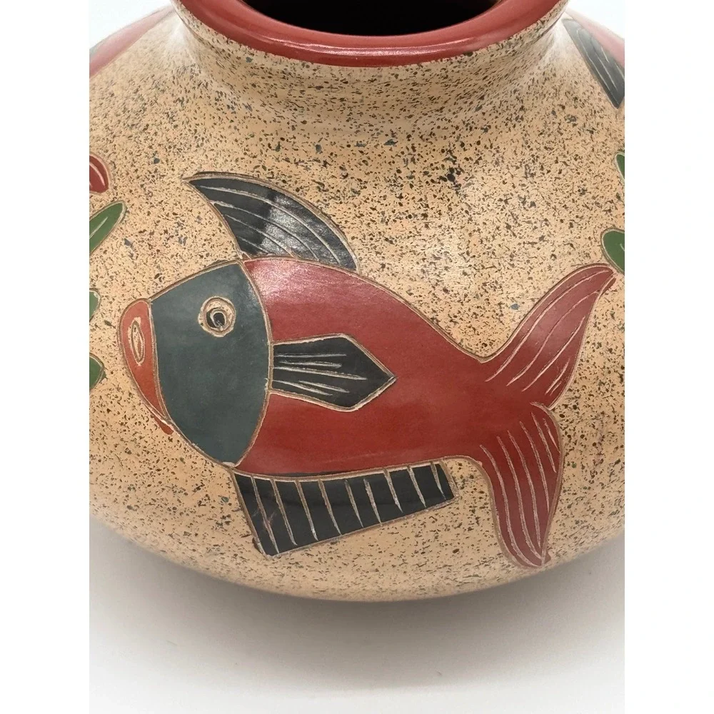 Vintage Nicaraguan Folk Art Pottery Vase Hand Carved Inciso Fish Design Boho